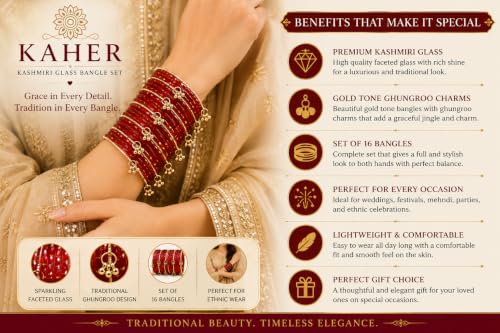 Image of Kaher Kashmiri Glass Bangle with gunghro Set for Women| Traditional, Fancy Glass Chudi Set for Festival, Wedding, and Party (Set Of 16)