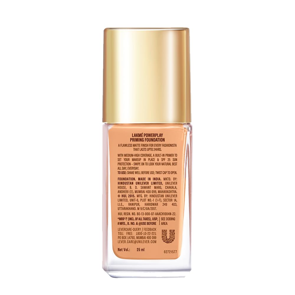 LAKMÉ Powerplay Priming Foundation Liquid, Natural, Flawless Finish, Medium To Full Coverage, Built in Primer, Long Lasting, SPF 20, Warm Natural, 25ml