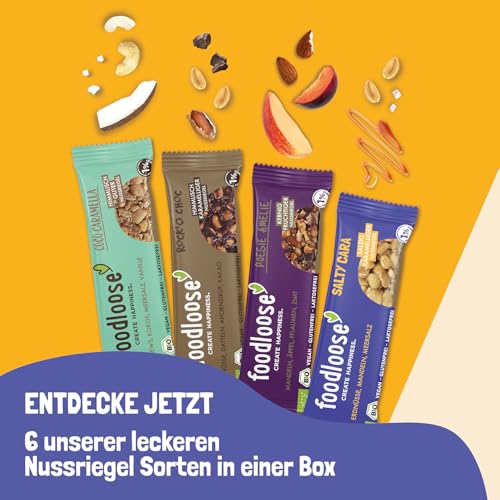 foodloose Bio-Nussriegel Probierpaket | Vegane, laktose- und glutenfreie Bio-Riegel ohne raffinierten Zucker | Großpackung mit 4 verschiedenen Sorten (24 Riegel x 35g)