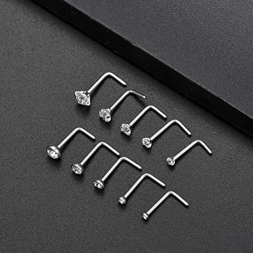 Tornito 20G 10Pcs Stainless Steel L Screw Bone Shaped Nose Studs Rings Square Round CZ Nose Ring Labret Nose Piercing Jewelry for Men Women Silver Tone 1.5mm-2mm-2.5mm-3mm-3.5mm CZ4