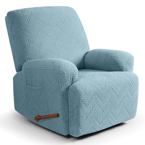 Image of Ruaozz Recliner Sofa Covers Recliner Chair Covers Recliner Covers for Reclining Chair with Pockets Washable Furniture Protector with Elastic Bottom (1 Seater, Light Blue)