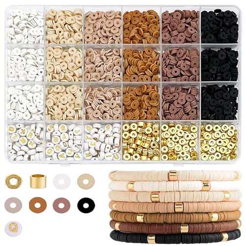 pekifaves Perlen für Armbänder set 6mm Heishi Bunte Clay Perlen Set Buchstabenperlen Clay Beads zum Auffädeln Kit für Schmuckherstellung Freundschaftsarmband Selber Machen Braun Schwarz Weiß