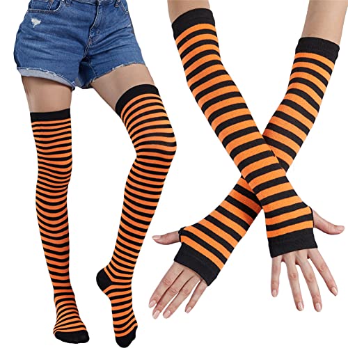 Womens Girls Cosplay Rainbow Striped Knee High Socks Leg Arm Warmer Fingerless Gloves Set