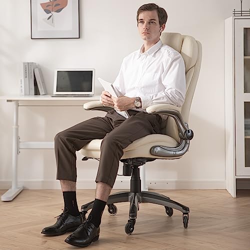 Image of COLAMY Ergonomic High Back Office Chair, Ivory Bonded Leather Executive Desk Chair with Flip-up Arms, Thick Cushion, Silent Nylon Wheels, Adjustable Height & Rocking Function, 300lbs Capacity