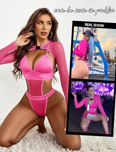 Image of Avidlove Rave Outfits for Women Festival Sexy Lingerie Bodysuit 2 Piece | Buckle shrug crop top halter bodysuit set, snap closure, breathable mesh, for concerts and club nights