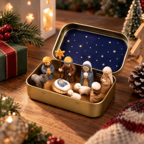 Mini Christmas Nativity Set in a Tin Box, Handcrafted Holy Family Figurines - image 6