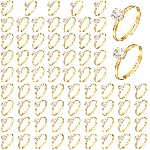 Yolev 72 anillos de oro con diamantes falsos, ajustables, anillos de compromiso falsos, anillos de plástico para despedida de soltera, boda, fiesta, decoración de cupcakes