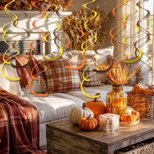 Image of 24 PCS Gold Brown Orange Hanging Swirl,Sparkle Ceiling Hanging Decorations,Plastic Streamer Party Decorations with Double-Swirls and Single-Swirls for Fall Birthday, Harvest, Thanksgiving Day,Wedding