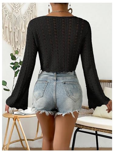Image of Verdusa Women's Tie Front Crop Cardigan Bell Long Sleeve Scalloped Lightweight Knit Tops Summer Beach Cover Up