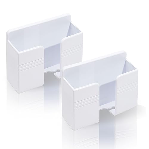 GrliTra 2 Pcs Wall Mount Phone Holder with 3M Adhesive Phone Stand with Data Cable Receiving Hole, Phone Charger Stand Remote Control Storage Box for Bedroom, Kitchen, Bathroom, Office (White) - White