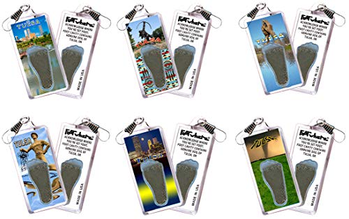 Tulsa FootWhere® Souvenir Zipper-Pulls. Authentic destination souvenirs acknowledging where you've set foot. Foot cavity contain genuine Tulsa soil. 6 Piece Set. Made in USA