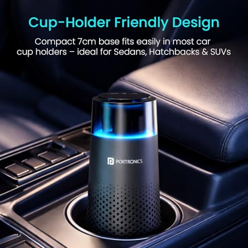 Image of Portronics AeroDrive, Type-C Powered Car Air Purifier with H13 HEPA Filter, 3-Stage Filtration(Pre-filter, HEPA13 & Activated Carbon Filter) 360 Air Intake,Removes PM 2.5 & PM 10,RGB Ambient Lighting
