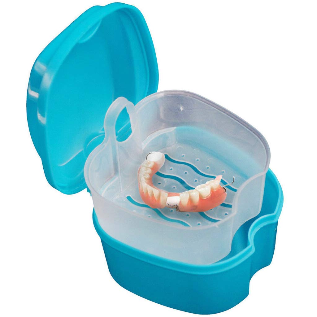 Denture Case, Denture Cup with Strainer,Denture Bath Box False Teeth Storage Case Box with Strainer for Travel Cleaning. (Light Blue) : Health & Household