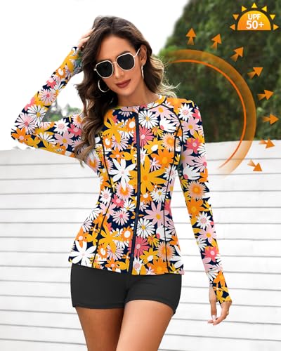 Soneven Women Long Sleeve Rash Guard Sets Two Piece Swimsuit with Shorts UPF 50+ Bathing Suit Full Zip Swim Shirt2