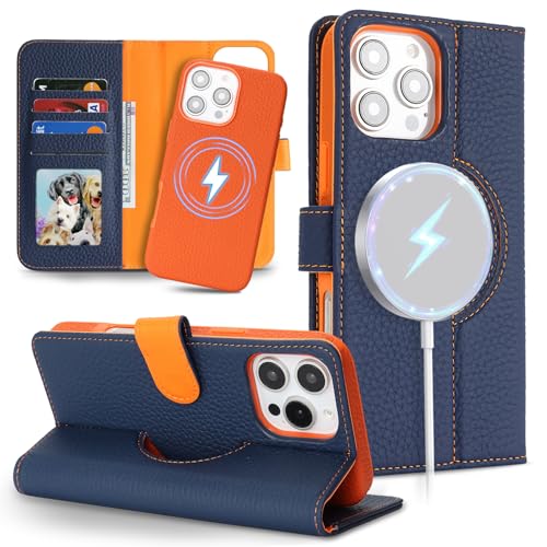 Image of Detachable Genuine Leather Case for iPhone 16 Pro Max Wallet Case Magnetic 2in1 Removable Flip Cover Book Purse Compatible with Magsafe Charging Kickstand Card Holder-Navy Blue+Orange
