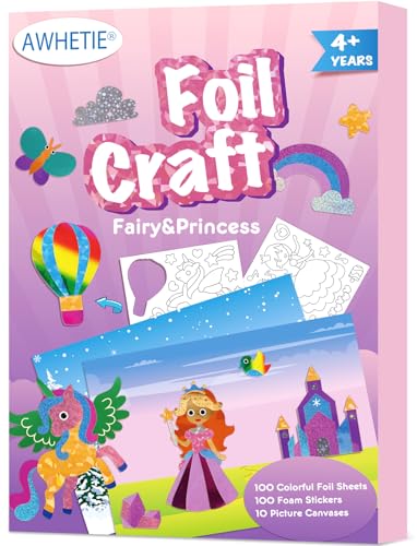 AWHETIE Princess Foil Craft for Kids,No Mess Creative Activity Toys Art and Crafts for Kids,Birthday Gifts Crafts for Girls&Boys Ages 4, 5, 6, 7, 8, 9 (Princess)