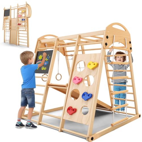 Freelawn Klettergerüst Indoor Klappbar, Montessori 9-in-1 Holzspielplatz mit Rutsche, Schaukel & Kletternetz, Sprossenwand Kletterdreieck für Kinder 1-6 Jahre (Natur)