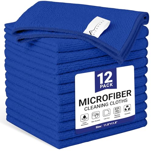 Image of SIFANGKE Microfiber Cleaning Cloth, 12 Pack RoyalBlue Cleaning Rags for Housekeeping, Reusable Microfiber Towels for Car, Kitchen, Bathroom and Household Cleaning Supplies, 11.8 inchX11.8 inch