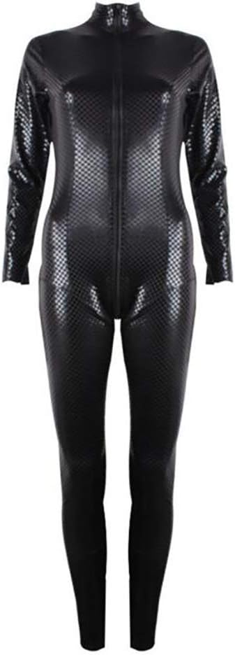 MTLIVE Women's Sexy Latex Catsuit Long Sleeve Zip Nightclub Jumpsuit Snakeskin Lingerie Bodysuit Black