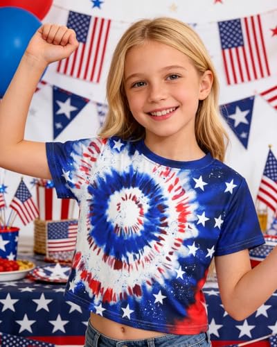 Image of DDSOL Girls July 4th Crop Tops Patriotic Shirt American Flag Short Sleeve Tshirts for Girl 6-14 Years