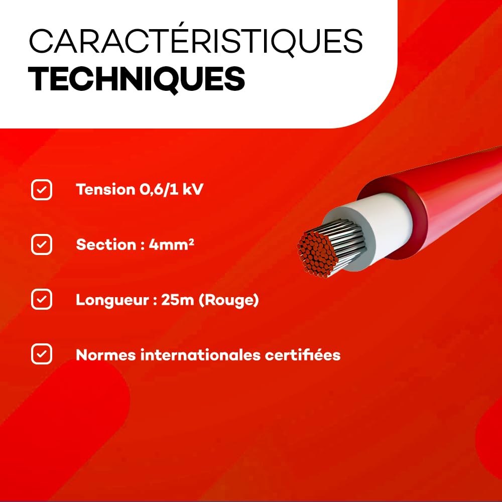 Cable de panel solar 4 mm² – Rojo – Longitud 25 m – Paneles solares, fotovoltaicos y uso exterior – Cobre estañado flexible – Alta resistencia UV, temperies y llamas – Normas 2 Pfg 1169/08.2007