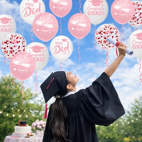 Image of Graduation Decorations 2026 - Graduation Balloons 62pcs 12 Inch Pink White Grad Print Latex Confetti Balloons for College High School Class of 2026 Congrats Grad Party Decor Supplies (Ribbon)