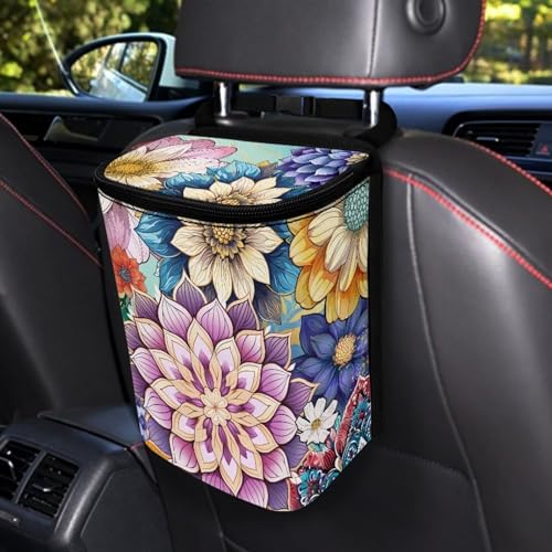 Image of Bright Blossom Flower Car Trash Can Hanging Garbage Bags for Back Seat,Durable Large Capacity Automotive Garbage Bin Rubbish Storage Bag for Travel,Picnic