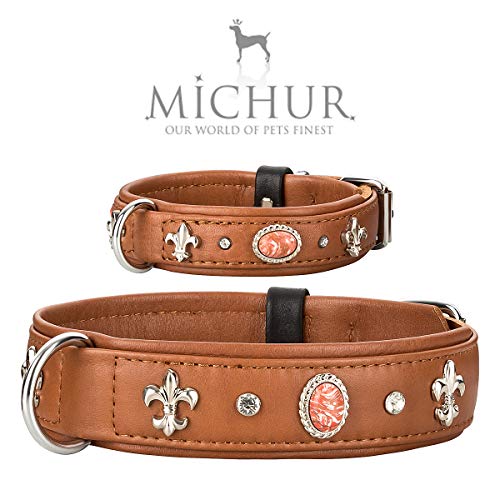 MICHUR Valentina Collar de Cuero para Perros, Collar de Cuero para Perros, Cuello, marrón, Cuero, con Lirios, pedrería y Piedras de mármol Naranja, Disponibles en Diferentes tamaños