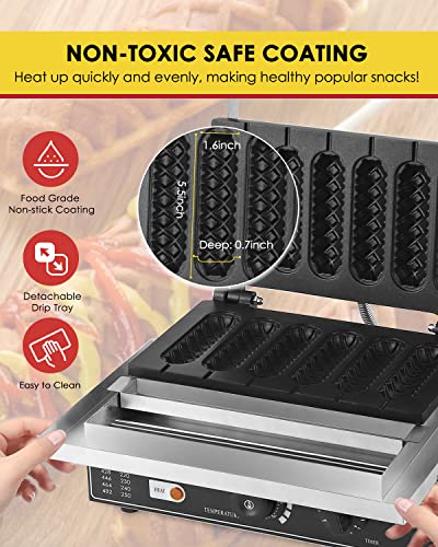 Moongiantgo Commercial Corn Dog Waffle Maker Machine 6 Pcs 1550W Hot Dog Cheese Stick Press Iron, 50-300℃ Temp Control, 5-Min Timer French Muffin Cooker 110V #TOP3
