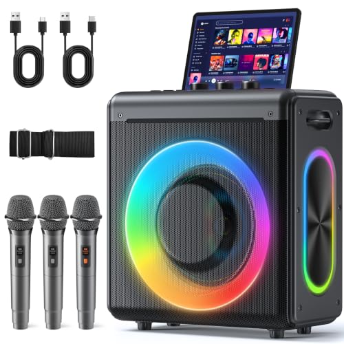 Karaoke Machine with 3 Wireless Rechargeable Microphones, Portable Bluetooth Speaker & PA System with LED Lights, Designed for Adults & Kids Home Parties, Supports TWS/TF Card/USB/AUX