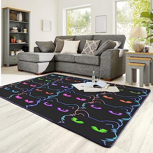 Sunnycitron Neon Cat Rug For Kids 3D Cartoon Cat Rugs Gradient Line Cat Area Carpet Cute Black Cat Pattern Boys Girls Room Decor For Bedroom Living Room Playroom Non-Slip Comfy Floor Casual Mat thumb #5