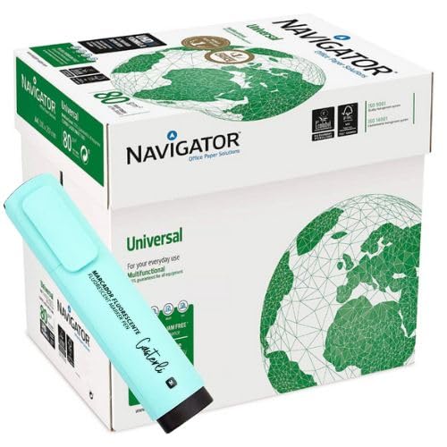 CASTERLI Universal Navigator Papel multiusos para impresoras color blanco (1 CAJA 2500 HOJAS, A4 80 GRAMOS+1 RESALTADOR CASTERLI) (1 CAJA 2500 HOJAS, A4 80 GRAMOS)