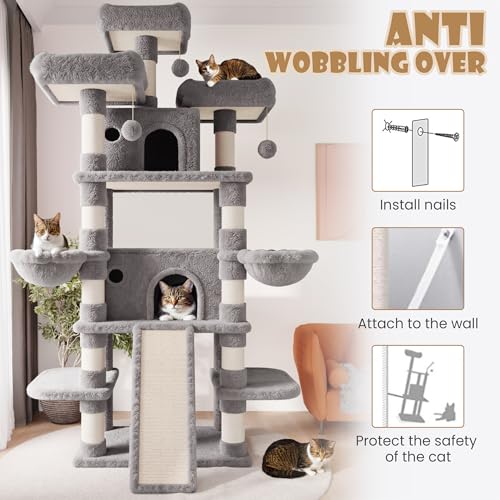Image of SHA CERLIN 81 Inches Extra Large Cat Tree for Indoor Adult Cats /XXL Big Cat Tower with Condo /Cozy Perches /Sisal Scratching Posts and Hammocks /Activity Center /F80 /Heavy Duty /Grey