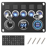 5 Gang Rocker Switch Panel for Boat Waterproof Marine Toggle Switches 12V Blue Led Aluminum Panel for Car RV Truck with Breaker Digital Voltmeter Display 4.2A Dual USB Charger Port (5Gang Blue)