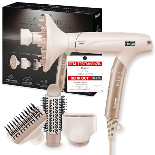 Beurer HC 150 FusionDry Pro Haartrockner ultraleichter Föhn mit kraftvollem Digitalmotor ergonomischer Klappgriff ideal für Reisen Ionenfunktion für glänzendes Haar inkl. 4 Styling-Aufsätzen