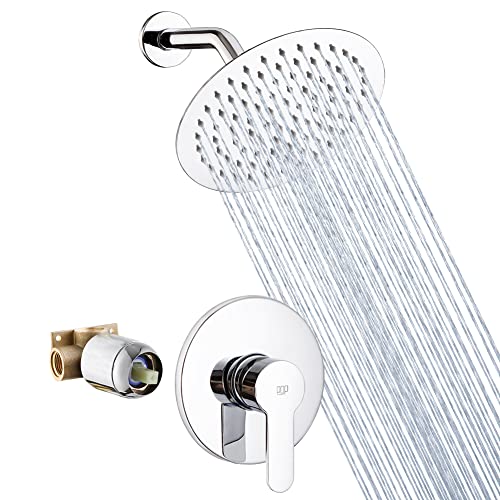 Pop Sanitaryware Shower Faucet Set Chrome Bathroom Rainfall Mixer Shower System Wall Mounted 8" Inch Shower Head And Handle Set Single Function Shower Trim Kit With Rough-In Valve #TOP9