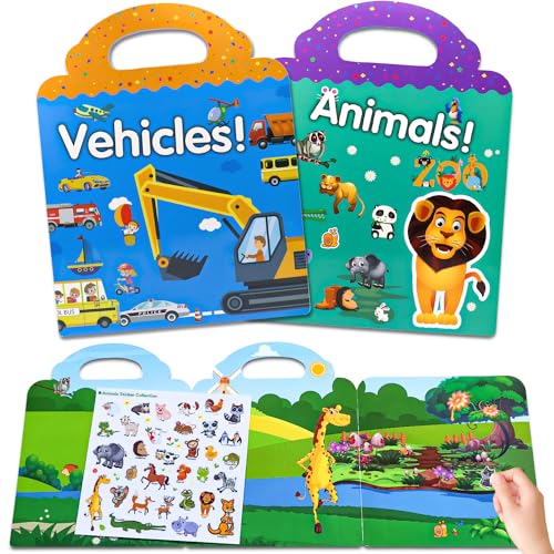 Libro di adesivi a partire da 2, 3, 4 anni, 2 pezzi, animali, veicoli per bambini, per ragazzi, ragazze, con illustrazioni, per viaggi in auto, aereo, treno, ecc