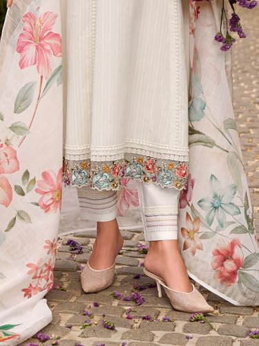 Image of INDO ERA Women's Anarkali Pure Cotton Floral Printed Embroidered Kurta & Pant with Dupatta Set (IEOUT10688)