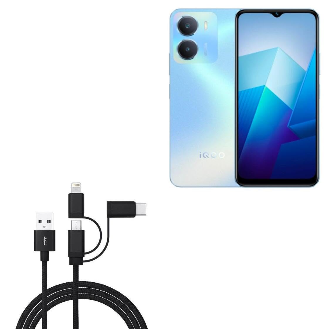 BoxWave Cable Compatible with vivo iQOO Z7i - AllCharge 3-in-1 Cable - Jet Black