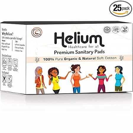 Helium 100% Pure Organic & Naturally Soft Cotton Base Sanitary Pads For Women | Pack Of 25 Pads-XL,290mm | Ultra-Thin Rash Free Natural Sanitary Napkins,Designed for Normal-Sensitive Skin