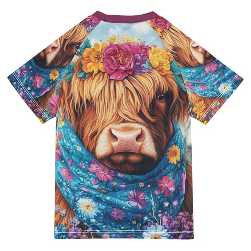 Boy Swimsuit Cartoon Cow Scarf Flower Sunscreen T-Shirts Swimwear Sets UPF 50+2
