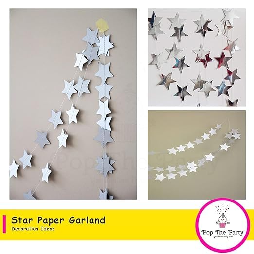 Image of Pop The Party Paper Star Garland Pack of 2 - Silver Hanging Stars for Birthday Decorations, Wedding, Festivals & Holiday Party Decor