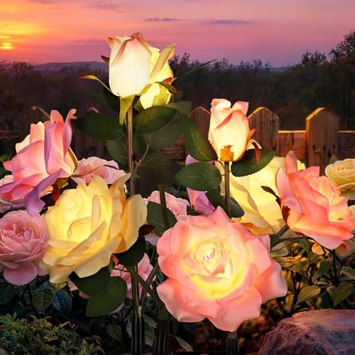 GIGALUMI Solar Lights Outdoor for Garden Decor, 3 Pack Solar Flower Lights Waterproof, 2 Lighting Modes 9 Roses for Pathway,Yard, Patio Decoration, Gardening Gifts for Women (Multi-Colored)