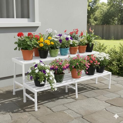 Image of IRON LANDS OAK 2 Step 37 Spectacular 3 Feet Heavy Duty Metal Perfect Plant Stands Display Rack Indoor Outdoor for Home Balcony and Garden Decor (White)