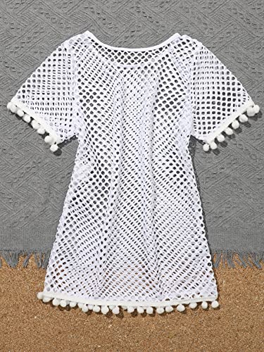 SHENHE Girl's Sheer Short Sleeve Hollow Out Tassel Trim Beach Cover Up Sun Dresses2