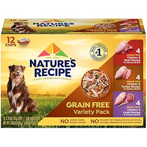 Nature’s Recipe Grain Free Chicken & Beef, Chicken & Turkey, Chicken & Lamb Wet Dog Food Variety Pack, 2.75 Ounce (Pack of 12) Cover