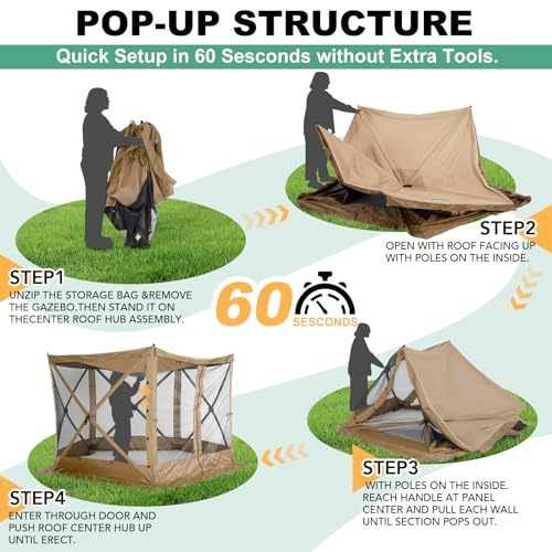 Image of COBIZI 10x10 FT Pop up Gazebo, Popup Canopy Tent,Instant Screened in Gazebos, Waterproof Portable Outdoor Small Screen Tents Sun Shelter,carpas para Patio for Camping, Garden and Backyard,Khaki