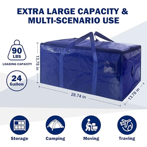 8 Pack Extra Heavy Duty Large Moving Bags with Strong Zipper & Carrying Handles, Sturdy Clothes Storage Bags Totes Bins, Packing Bag Move Boxes College Moving Supplies, Dark Blue - 24 gal - Image 3