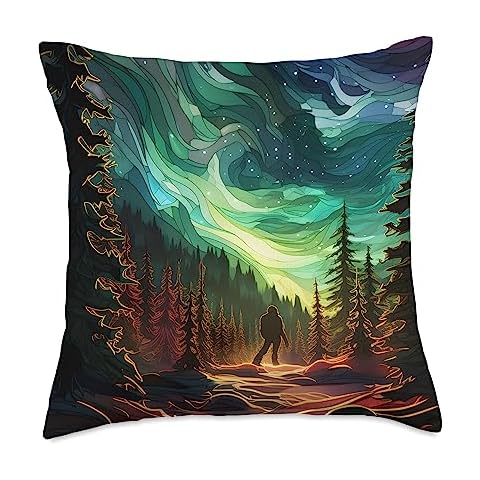 Bigfoot Sasquatch Forest Northern Lights Starry Sky Throw Pillow Cover