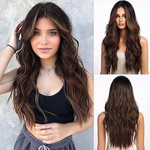 HAIRCUBE Long Ombre Dark Brown Wavy Wig for Women Lace Front Wigs with Highlight,26 Inch Middle Part Curly Wig Natural Looking Synthetic Heat Resistant Fiber Wig for Daily Party Use